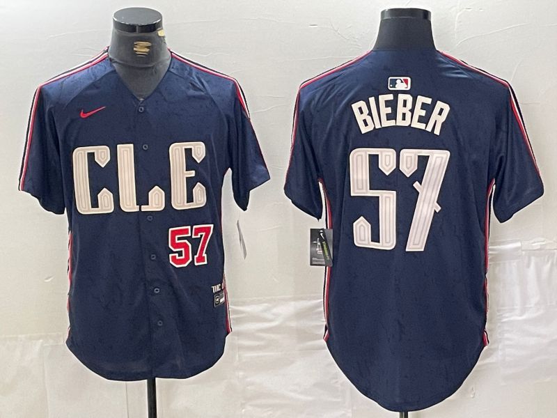 Men Cleveland Indians #57 Bieber Blue City Edition Nike 2024 MLB Jersey style 3